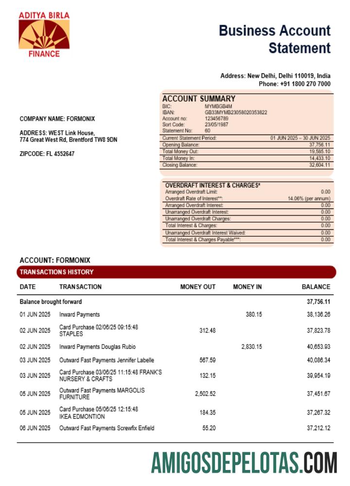 Aditya Birla Finance Ltd Modelo de extrato de conta bancária empresarial em formato Word e PDF